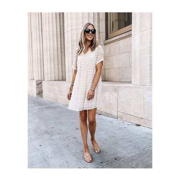 ✌️ 2/$40 ✌️ New Short Sleeve Cream Mini Dress, V Neck, Swiss Dot Flowy Dress - Picture 2 of 5